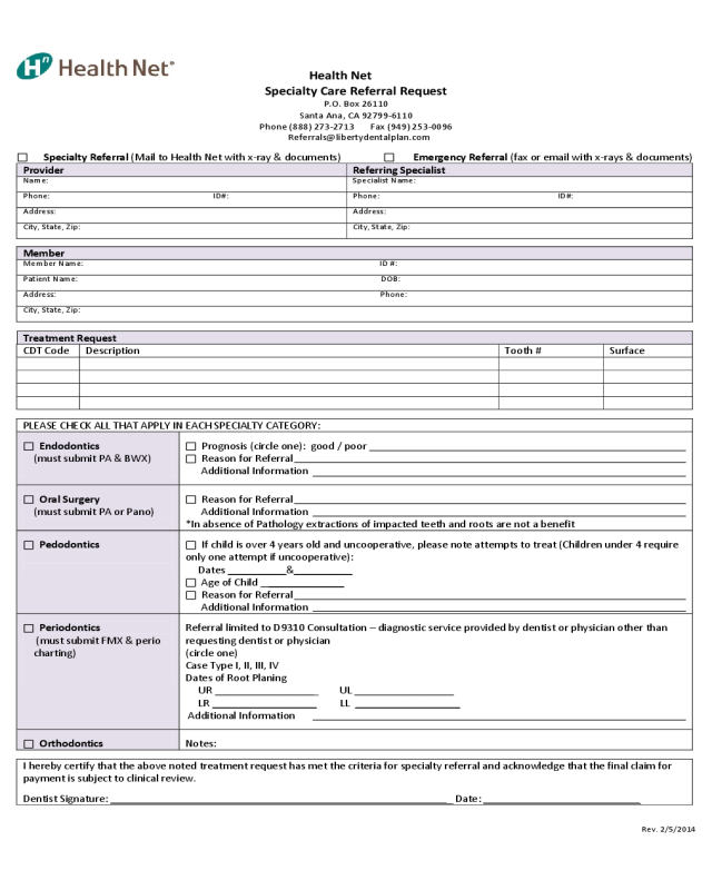 Health Net Specialty Care Referral Request
