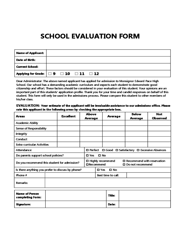 High School Evaluation Form