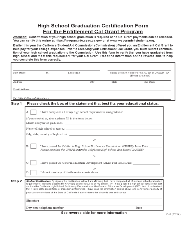 High School Graduation Certification Form - California