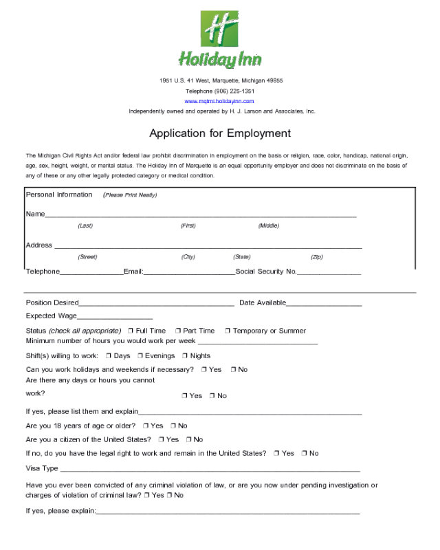 Holiday Inn Application Form