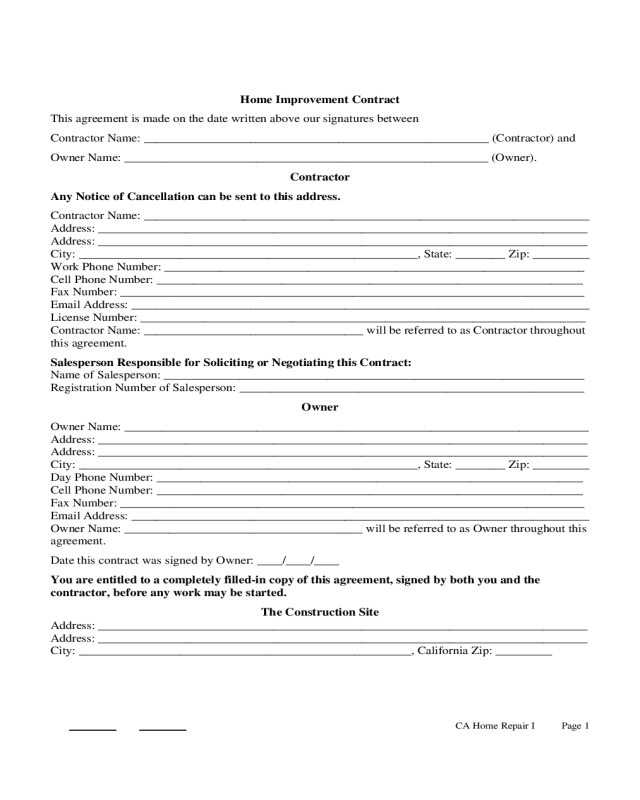 Home Improvement Contract Sample