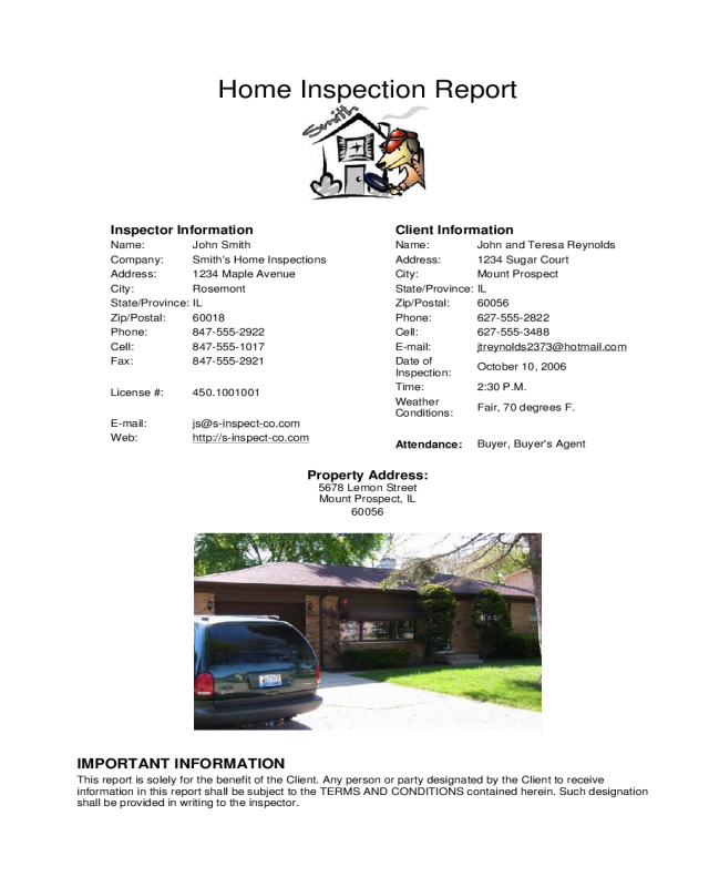 Home Inspection Sample Report with Summary