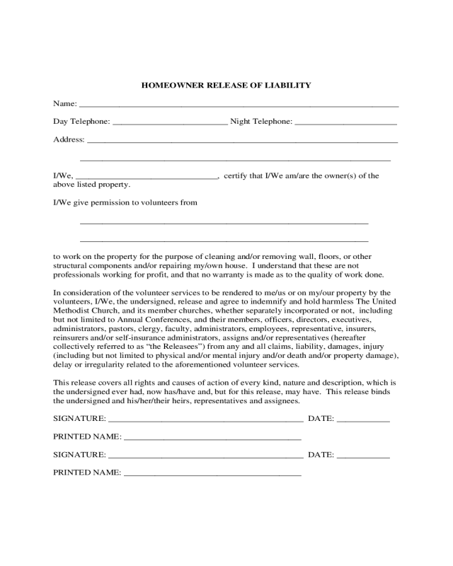2022 Homeowner Liability Waiver Form Fillable Printable PDF Forms 