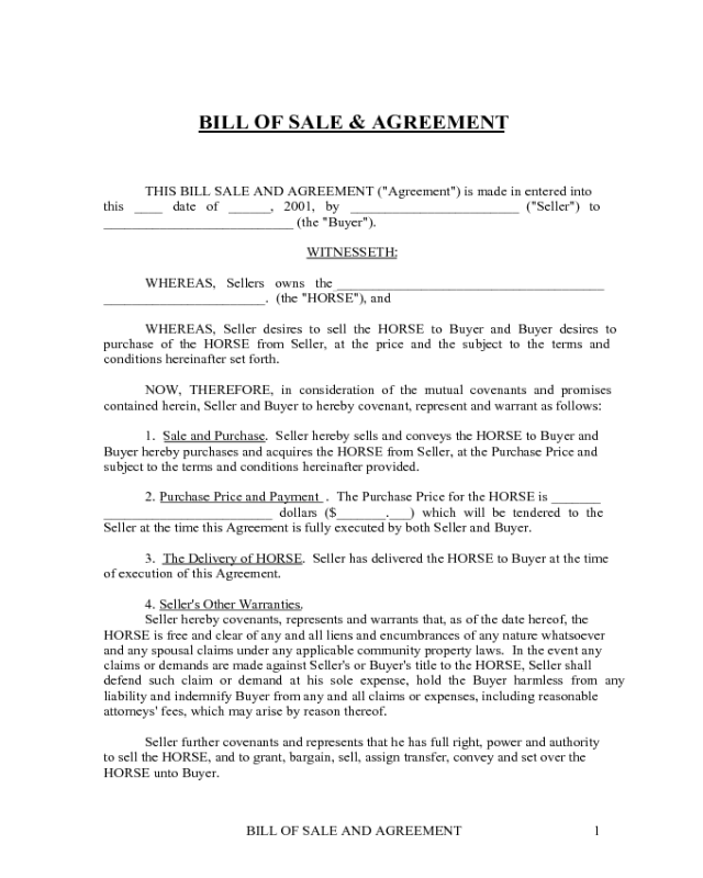 Horse Bill of Sale and Agreement - Kentucky