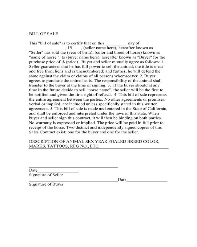 Horse Bill of Sale Form - California