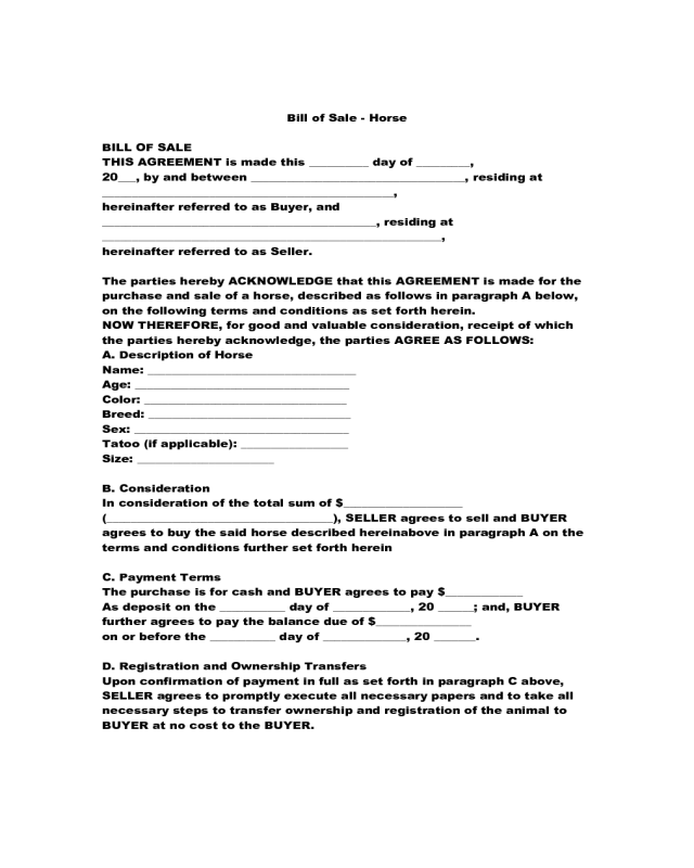 Horse Bill of Sale Form Sample