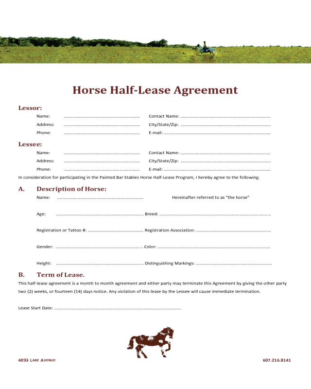 Printable Horse Lease Agreement