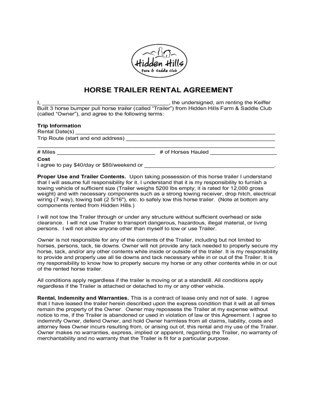 Horse Trailer Rental Agreement Template Edit Fill Sign Online Handypdf