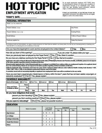 Hot Topic Application Form - Edit, Fill, Sign Online | Handypdf