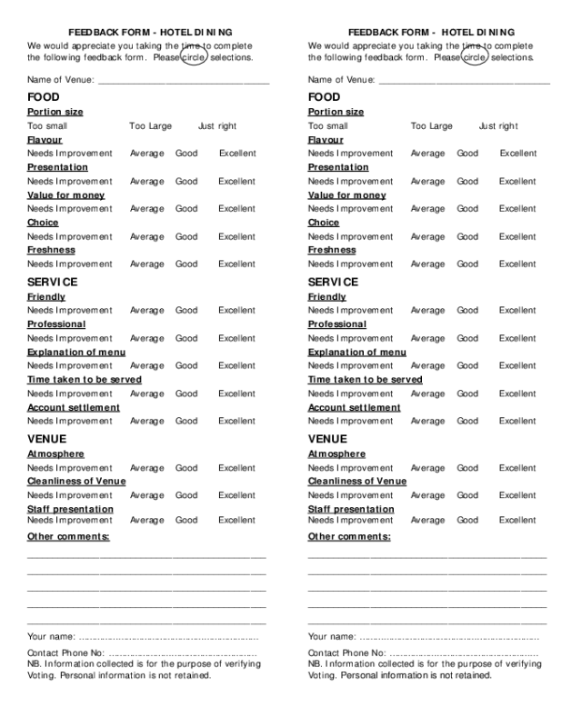 Customer Feedback Form Sample For Hotel Master Template