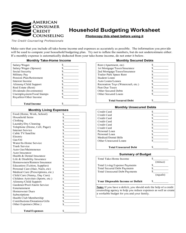 Household Budgeting Worksheet