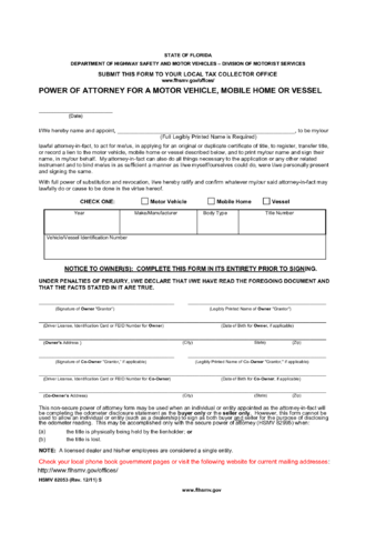 HSMV 82053 - Power of Attorney Form - Florida - Edit, Fill, Sign Online