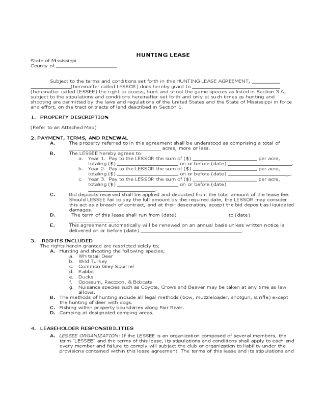 Hunting Rental and Lease Form - Mississippi