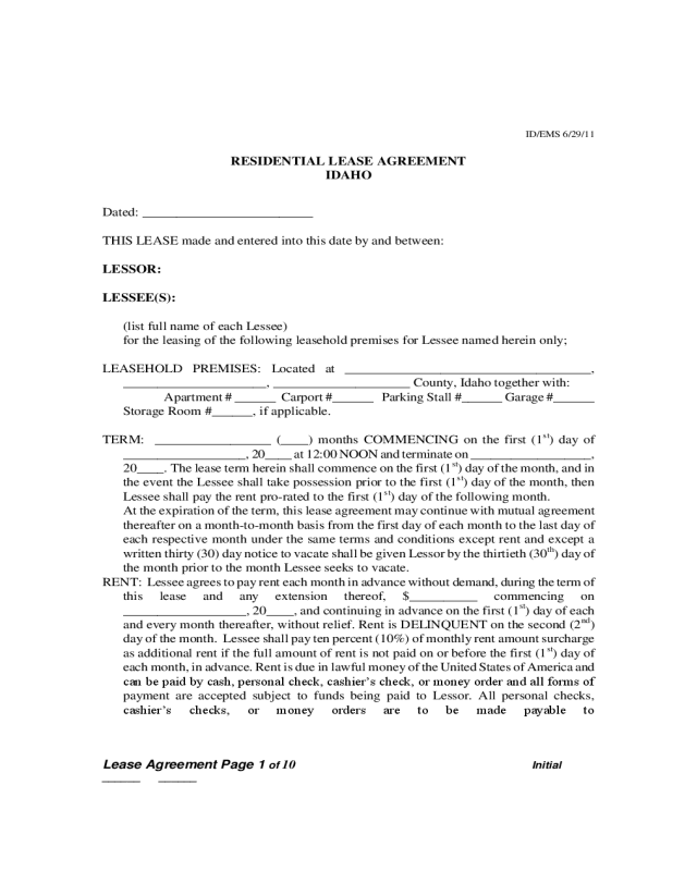 Idaho Residential Lease Agreement