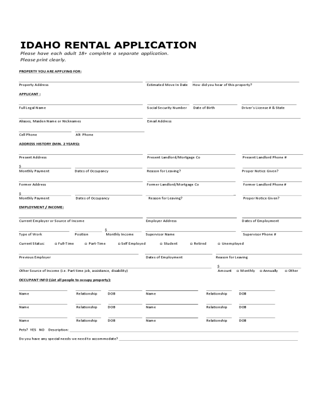 Idaho Standard Rental Application