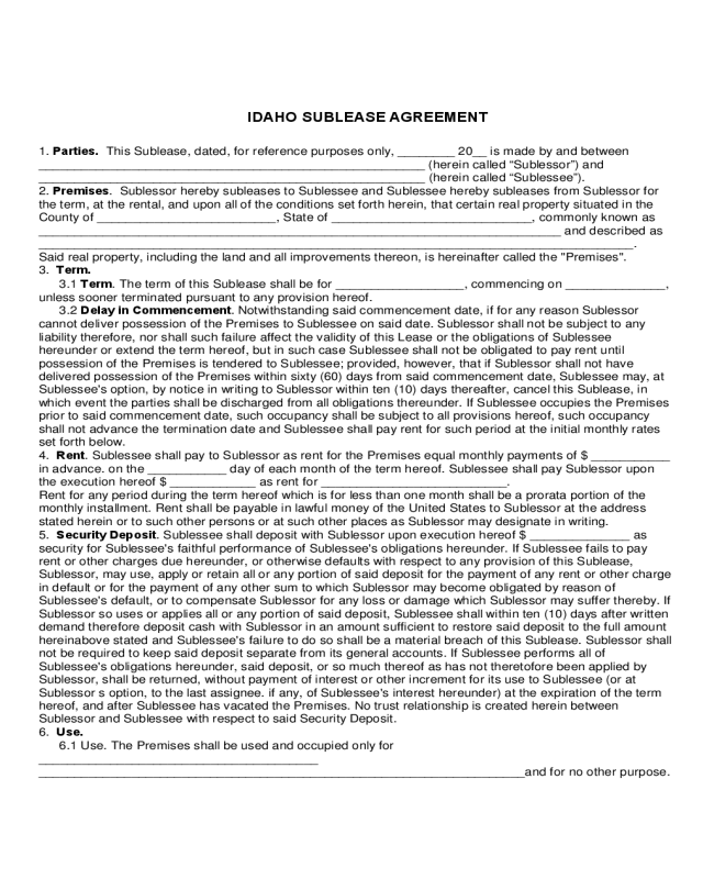 Idaho Sublease Agreement Form
