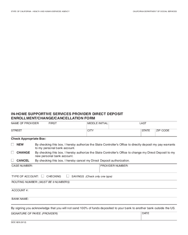 In-home Supportive Services Provider Direct Deposit Enrollment/Change/Cancellation Form - California