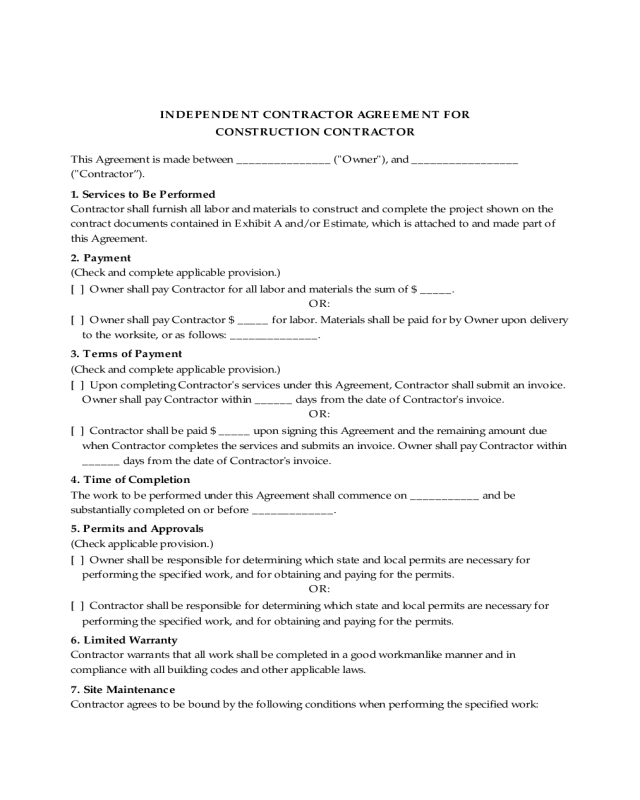 Independent Contractor Agreement For Construction Edit Fill Sign Online Handypdf