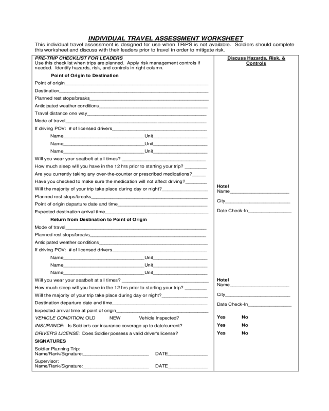 Individual Travel Assessment Worksheet - United States Army