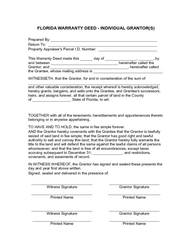 Individual Warranty Deed - Florida