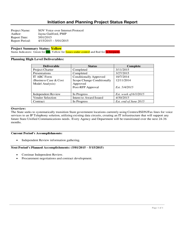 Initiation and Planning Project Status Report Template