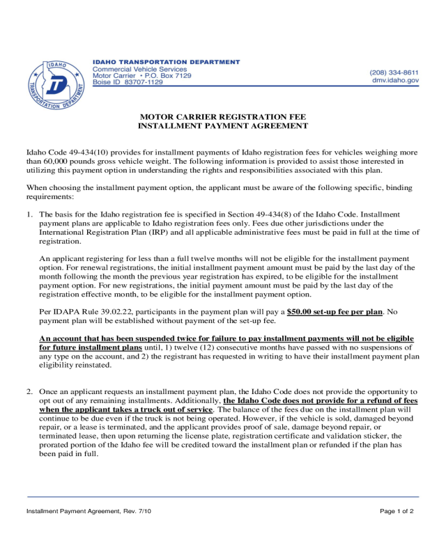 Installment Payment Agreement - Idaho