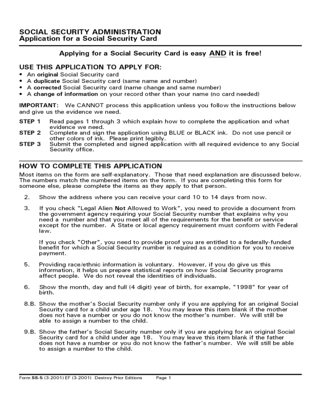 Instructions and Sample of Application for a Social Security Card