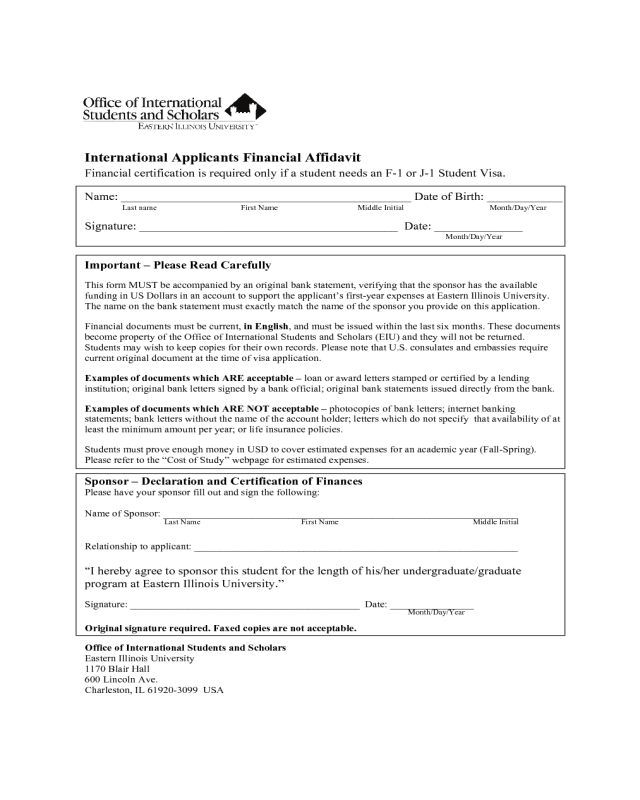 International Applicants Financial Affidavit Form - Illinois