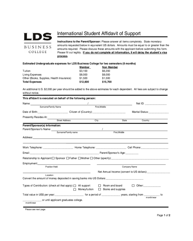 International Student Affidavit of Support - LDS Business College