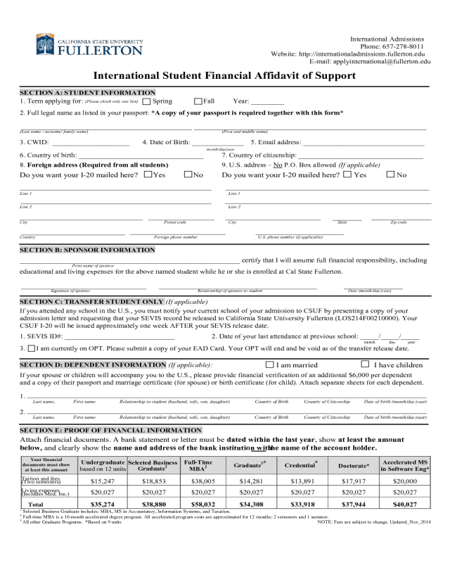 International Student Financial Affidavit of Support - California State University