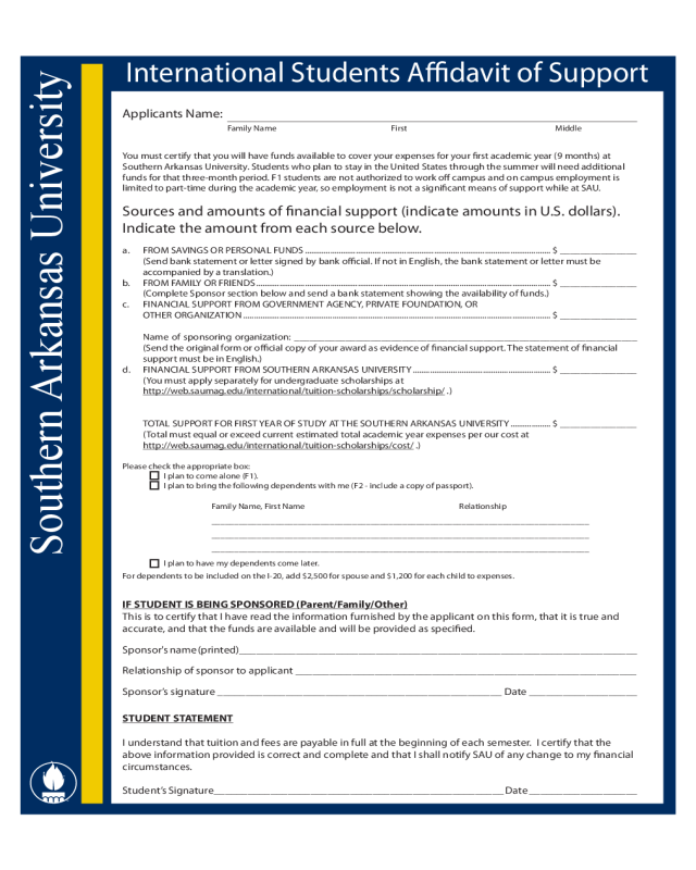 International Students Affidavit of Support - Southern Arkansas University