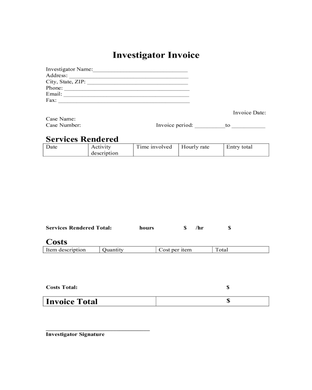 Investigator Billing Invoice Template