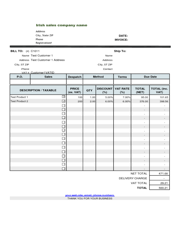 Irish Sales VAT Invoice Template