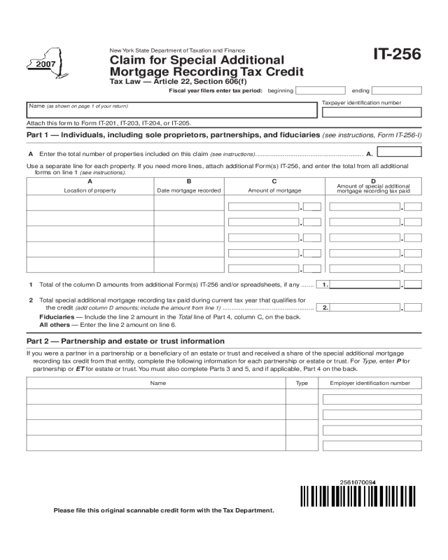 IT-256 Claim for Special Additional Mortgage Recording Tax Credit (2007)