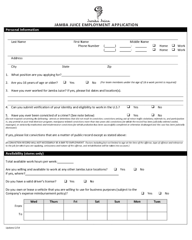 Jamba Juice Application Form