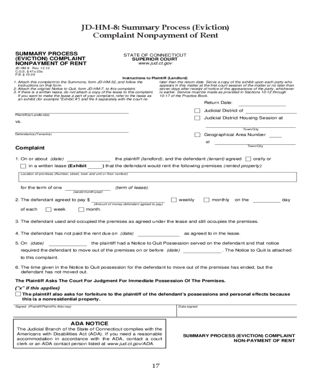 JD-HM-8 - Connecticut Summary Process (Eviction) Complaint Nonpayment of Rent
