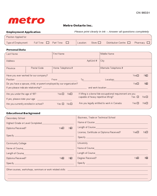 Job Application for Metro Ontario Inc.