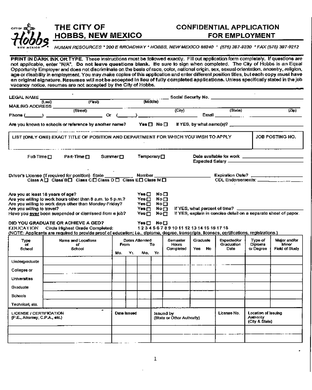 Job Application for the City of Hobbs