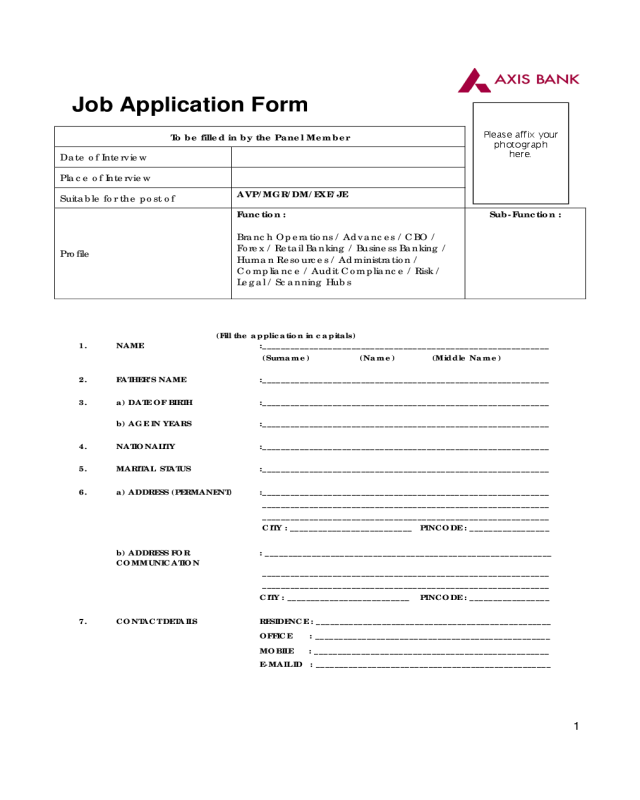 Job Application Form Axis Bank, Job Application Form Axis Bank, Job Application Form Axis Bank