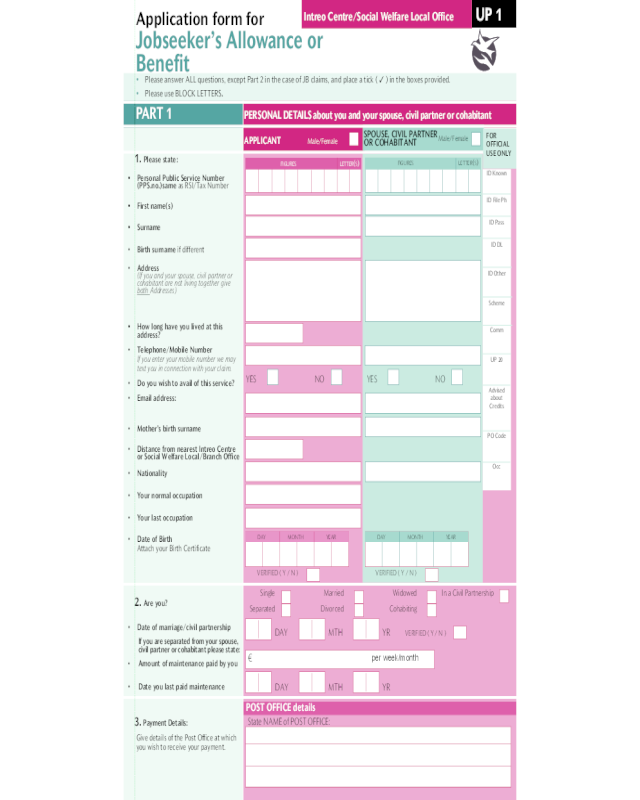 Social welfare job seekers allowance application form