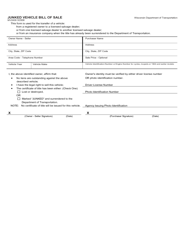 Junked Vehicle Bill of Sale Form - Wisconsin