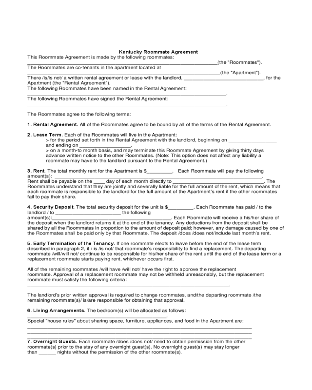 Kentucky Roommate Agreement Form