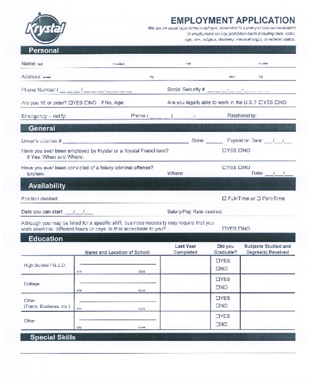 Krystal Application Form