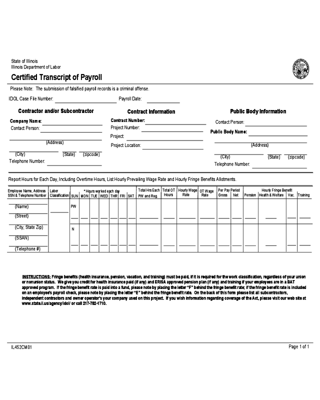 Labor Certified Transcript of Payroll - Illinois
