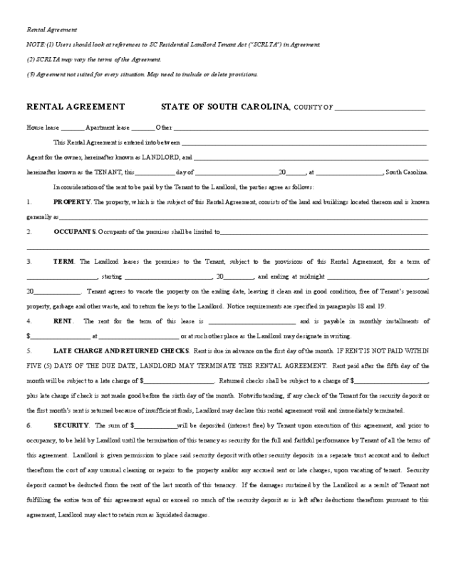 Landlord Lease Agreement Form - Carolina