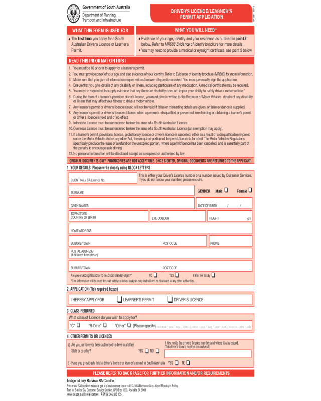 Learning Driving Licence Form - South Australia