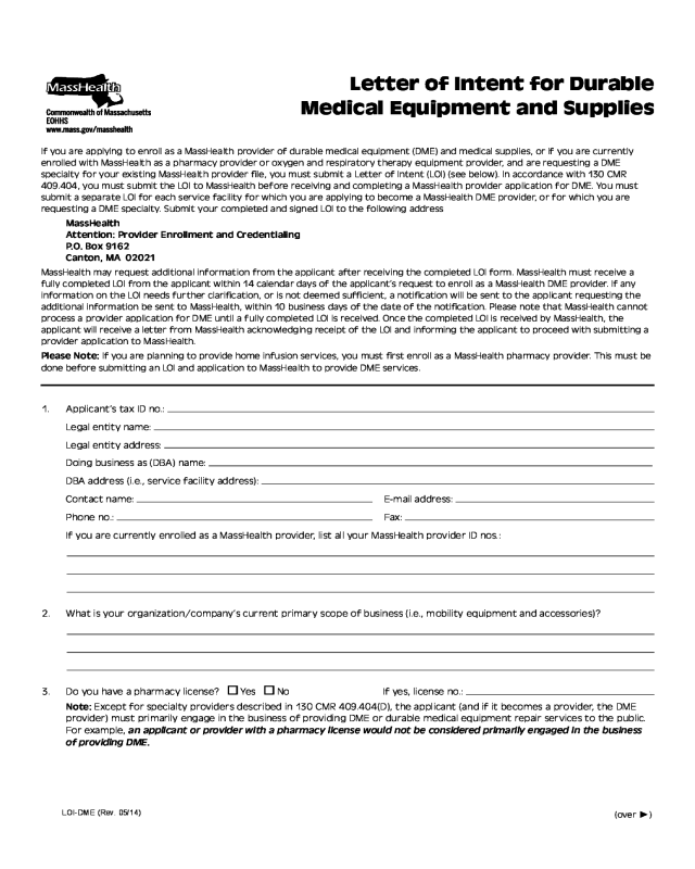 Letter of Intent for Durable Medical Equipment and Suppliers