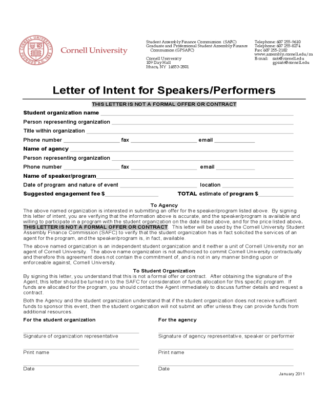 Letter of Intent for Speakers or Performers
