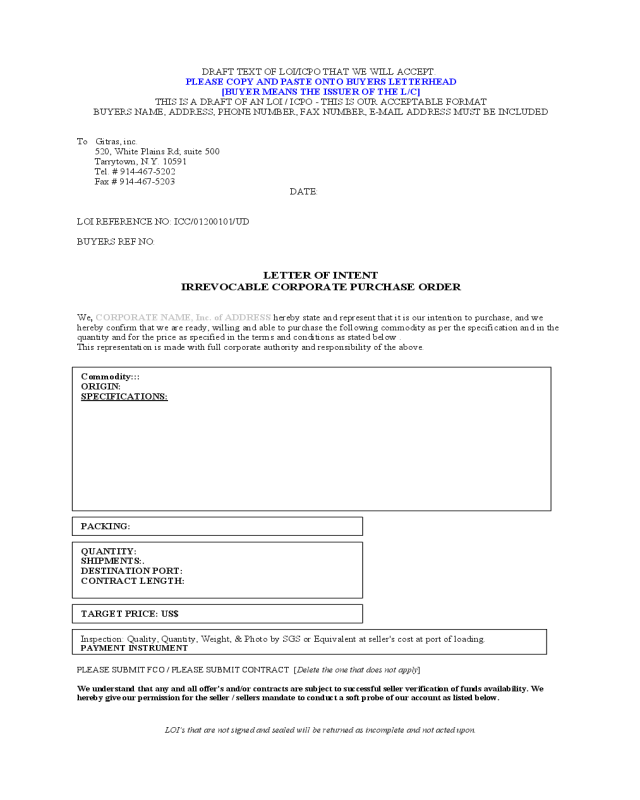 Letter of Intent Irrevocable Corporate Purchase Order