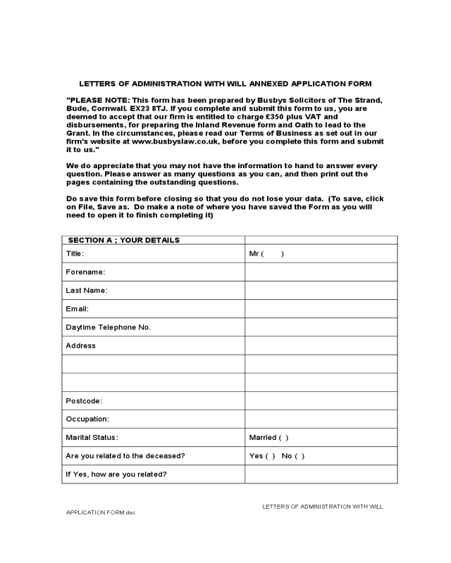 Letters of Administration with Will Annexed Application Form